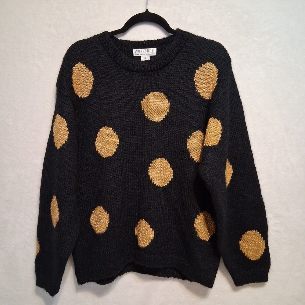 Workshop Fenn Wright Manson M Sweater Wool Mohair Blend Black Gold Polka Dot VTG
